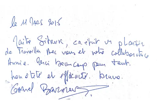 Note manuscrite : Maître Sitruk, ça était un plaisir de travailler avec vous et votre collaboratrice Annie. …