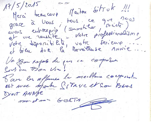 Note manuscrite : Merci beaucoup Maître Sitruk !!! grâce à vous tous ce que nous avons entrepris (immobilier…